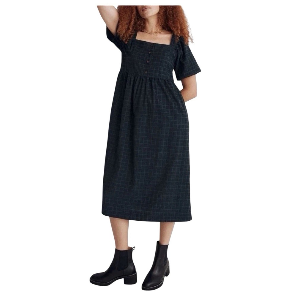 Madewell Corduroy Midi Dress Square Neck Womens 3X Green Windowpane Cottagecore